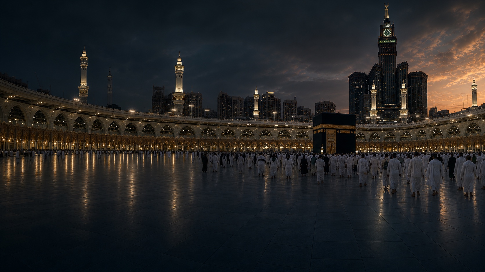 Pilgrims moving through the Grand Mosque in Mecca at dusk